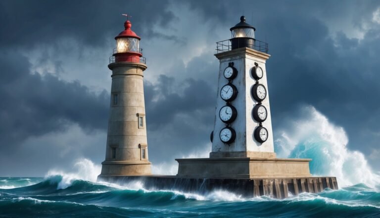 Two lighthouses, one with clocks, stand in stormy ocean waves