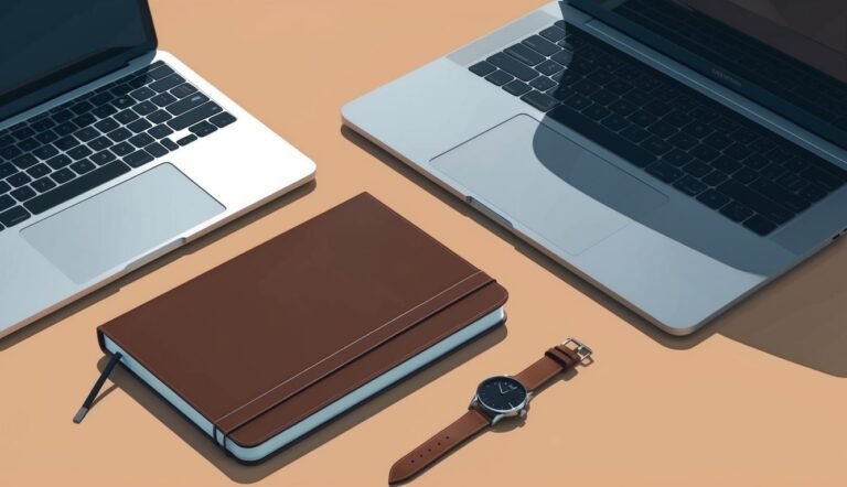 Two laptops, a brown notebook, and a watch on a beige surface