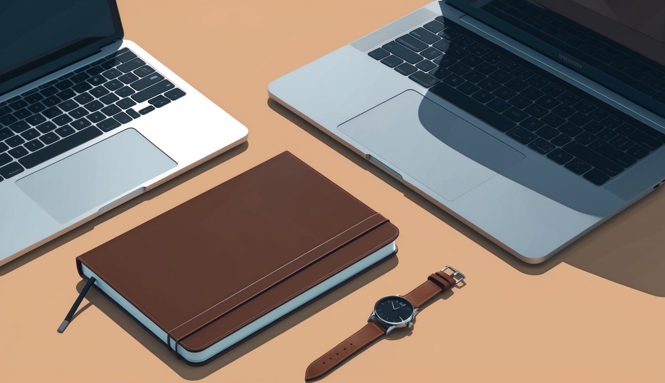 A sleek, modern office desk with a minimalist watch placed next to a laptop and a leather-bound notebook
