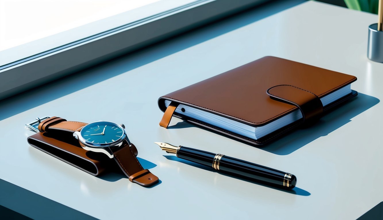 A sleek, modern desk with a minimalist watch placed next to a leather-bound planner and a fountain pen.</p><p>The scene is bathed in soft, natural light from a nearby window