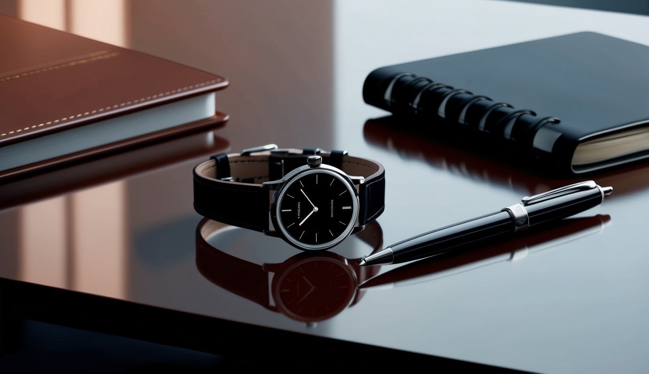 A sleek, minimalist watch resting on a polished desk next to a sleek pen and leather-bound planner in a modern office setting