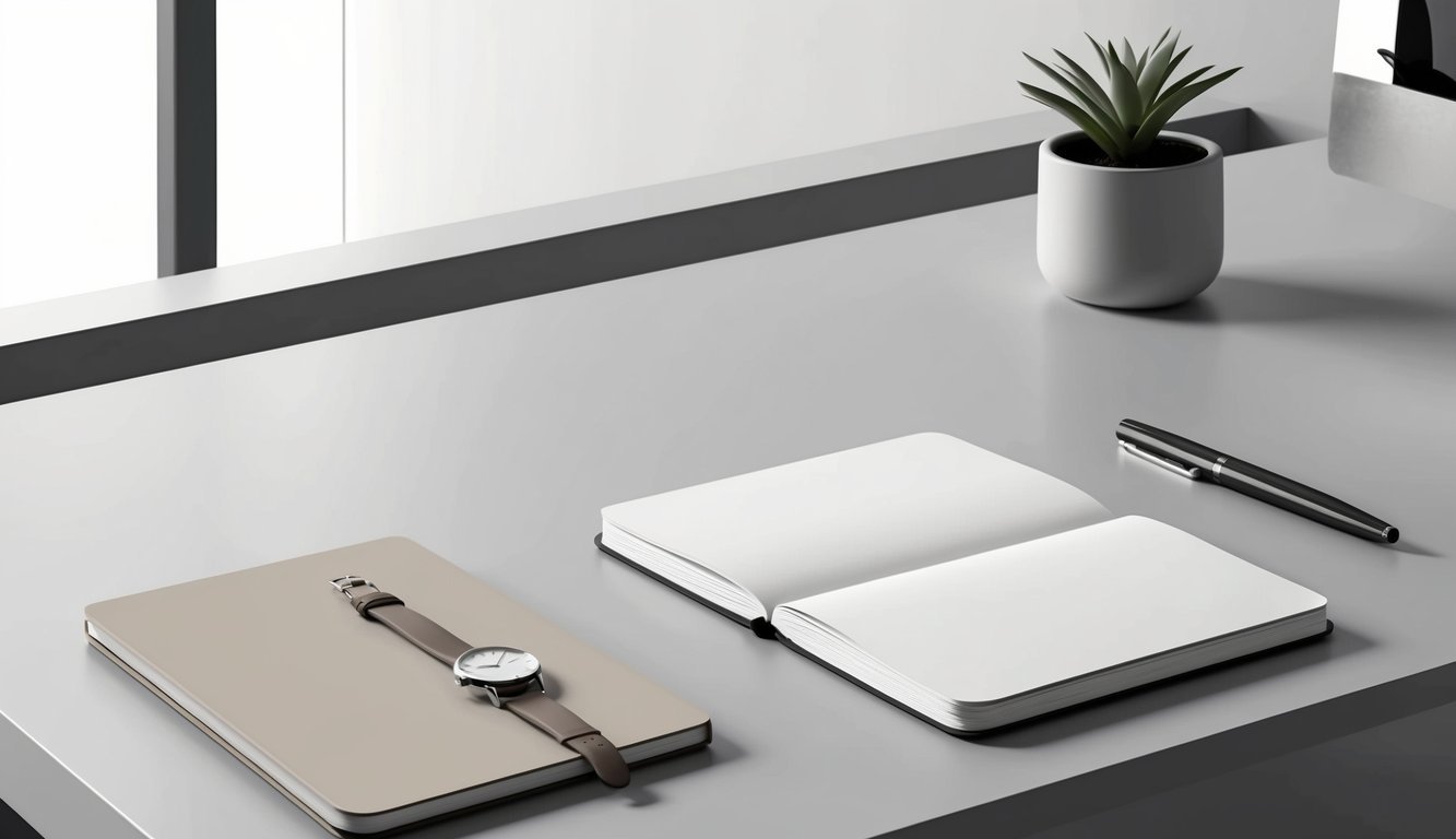 A sleek, modern desk with a minimalist watch, pen, and notebook.</p><p>Clean lines, neutral colors, and uncluttered surfaces convey professionalism and sophistication