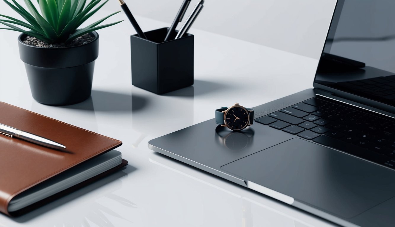 A sleek, modern office desk with a minimalist watch placed next to a laptop and a leather-bound notebook.</p><p>A potted plant and a pen holder add a touch of sophistication to the setting