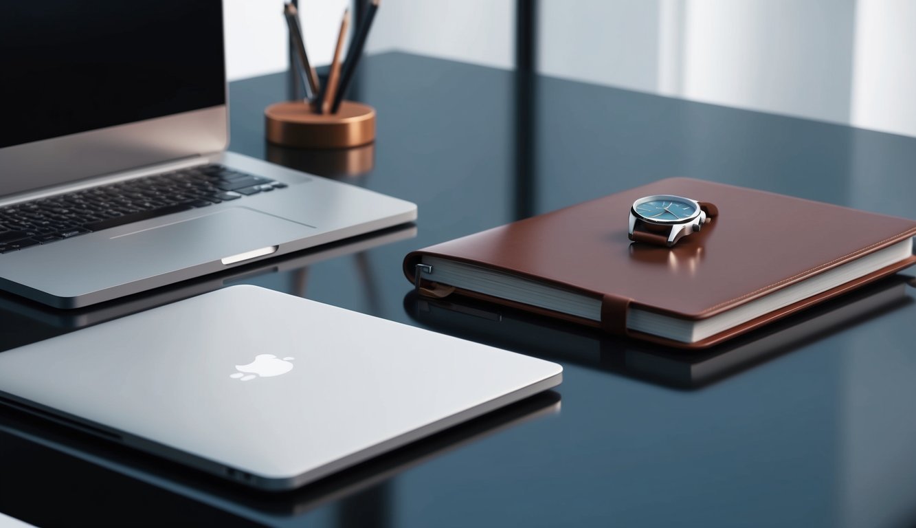 A sleek, modern office desk with a minimalist watch placed next to a laptop and a leather-bound notebook