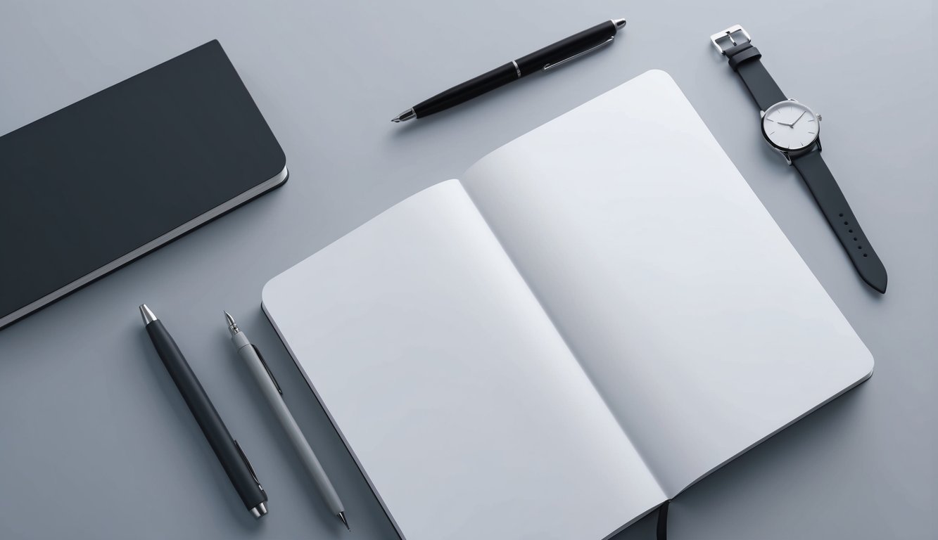 A sleek, modern desk with a minimalist watch, pen, and notebook.</p><p>Clean lines and uncluttered space convey professionalism and efficiency