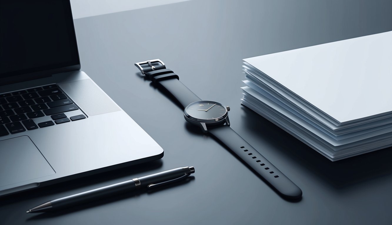 A sleek, modern desk with a minimalist watch placed next to a laptop and a neatly organized stack of papers