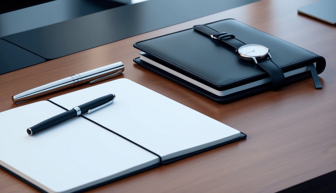 A sleek, modern office desk with a minimalist watch placed next to a leather-bound planner and a sleek pen.</p><p>The scene exudes professionalism and sophistication