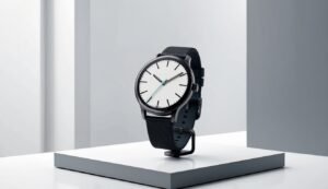 Black and white minimalist wristwatch with blue second hand, on a white platform