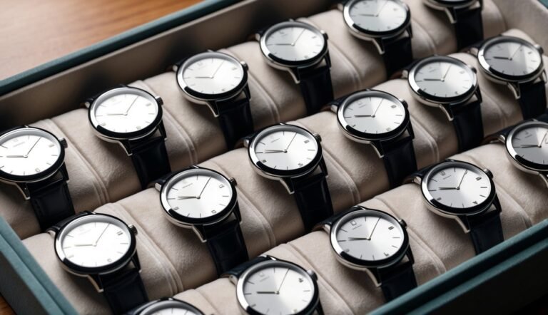 A tray of minimalist watches with white faces and black leather straps