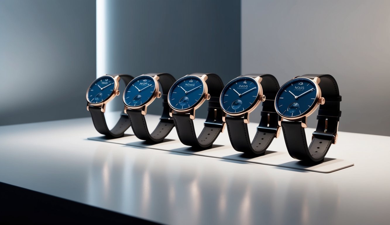 A row of Nomos Tangente Neomatik 39 watches displayed on a sleek, minimalist surface, surrounded by soft, indirect lighting