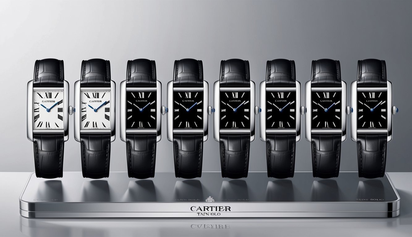Ten Cartier Tank Solo watches arranged in a sleek, minimalist display, exuding timeless elegance and sophistication