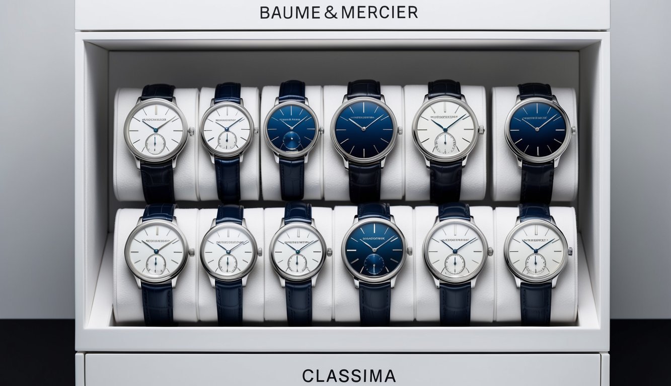 Ten Baume & Mercier Classima watches arranged in a clean, modern display case.</p><p>The watches exude timeless elegance with their sleek design and luxurious materials