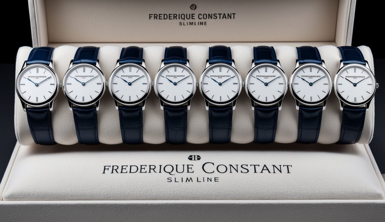 Ten sleek Frederique Constant Slimline watches on a velvet display, exuding understated elegance with their slim, polished cases and minimalist dials