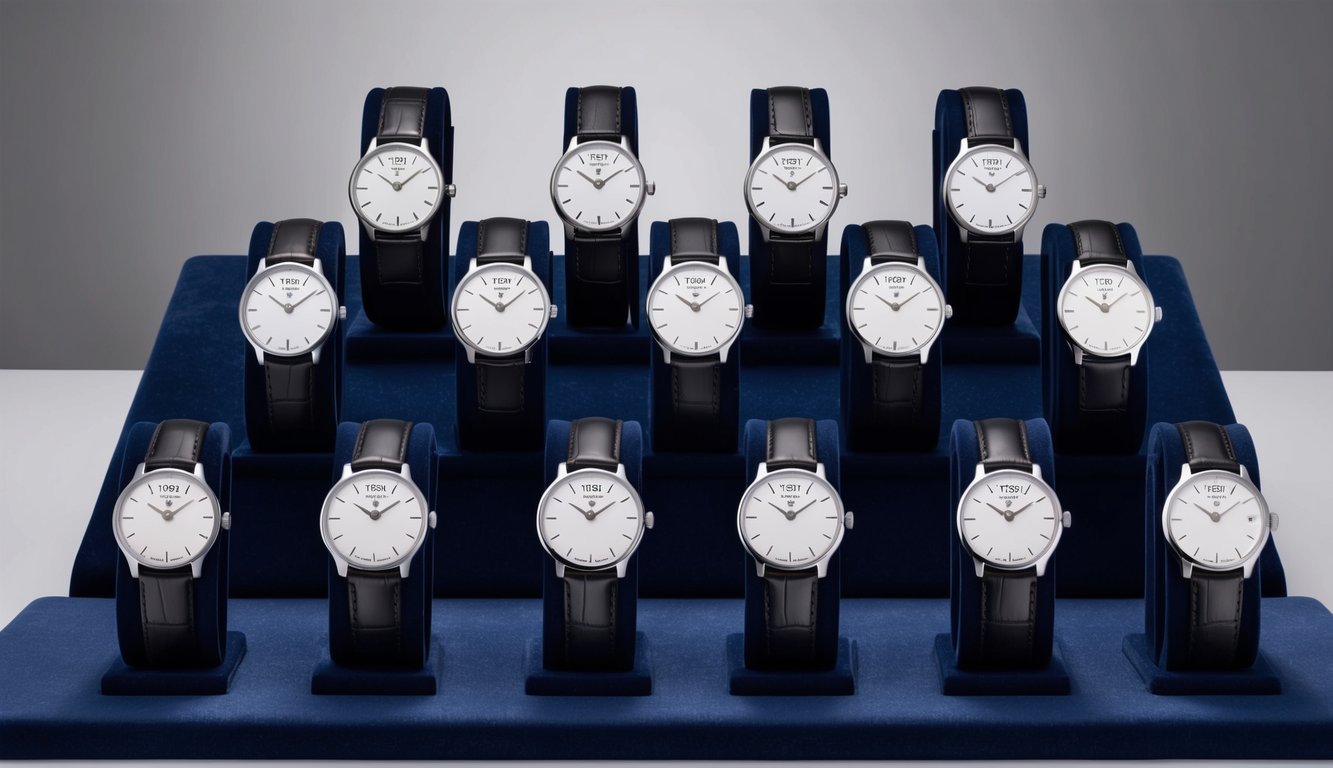 A sleek display of 10 Tissot Tradition Powermatic 80 watches arranged on a velvet-lined platform, each exuding understated elegance with their polished stainless steel cases and minimalist dials