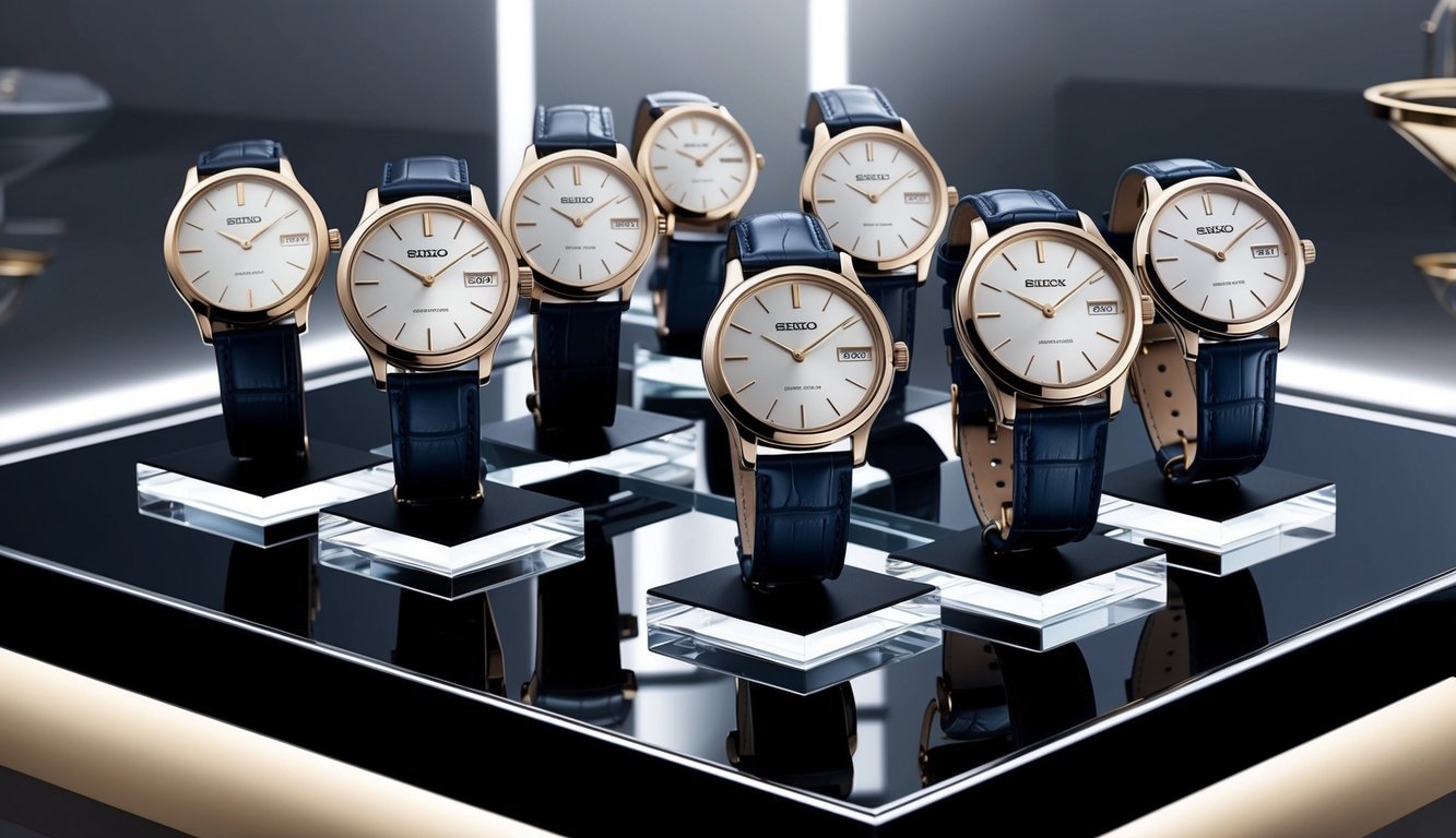 A luxurious display of Seiko Presage Cocktail Time watches arranged on a sleek, reflective surface, with soft lighting accentuating their understated elegance
