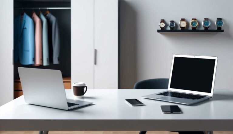 Two laptops, phones, and watches on a white desk in a room