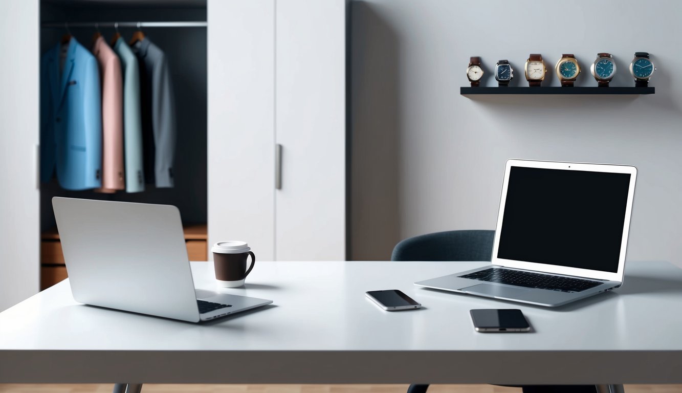 Two laptops, phones, and watches on a white desk in a room