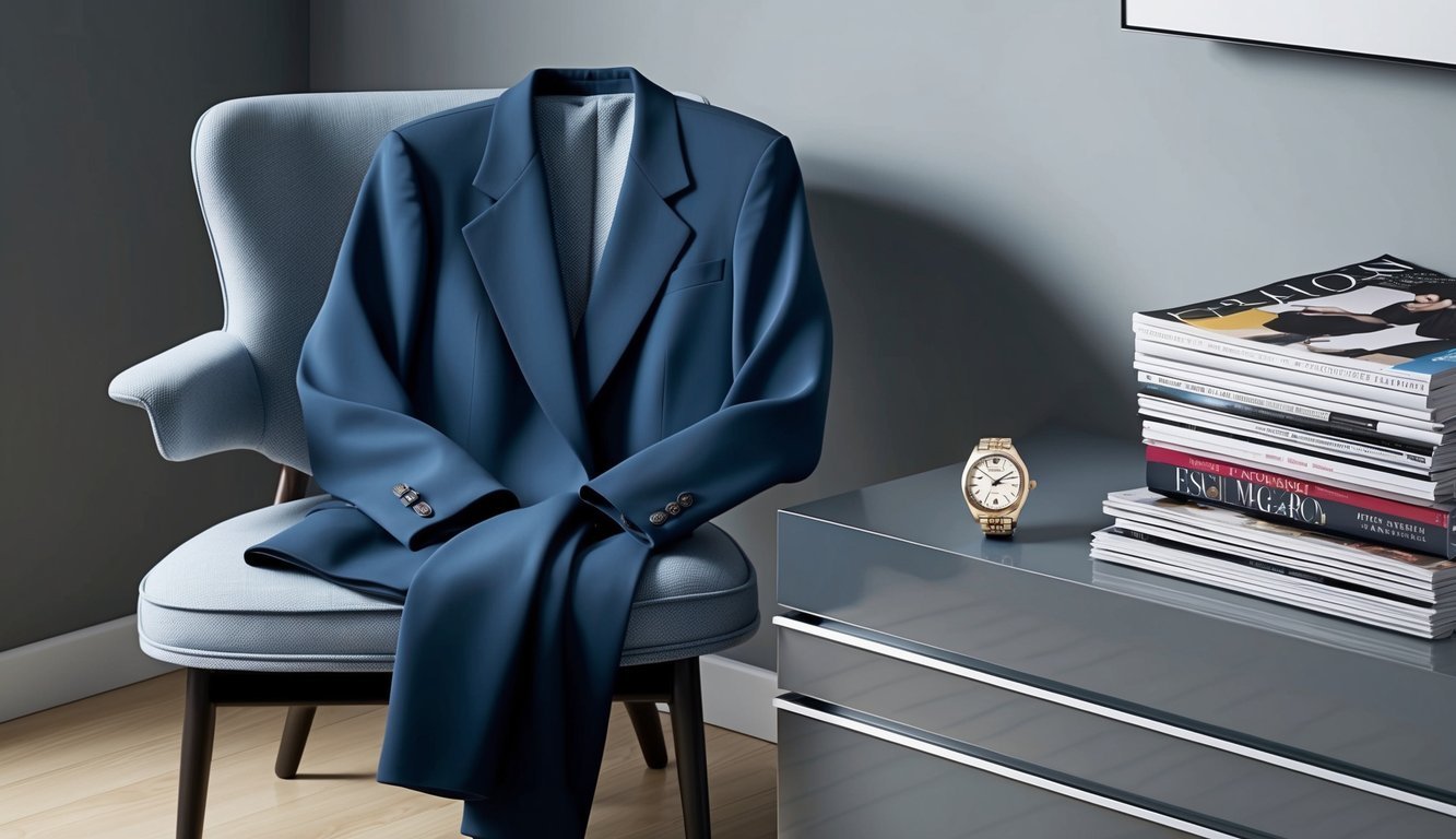 A vintage blazer draped over a chair, with a retro watch laid out on a sleek, modern dresser next to a stack of fashion magazines