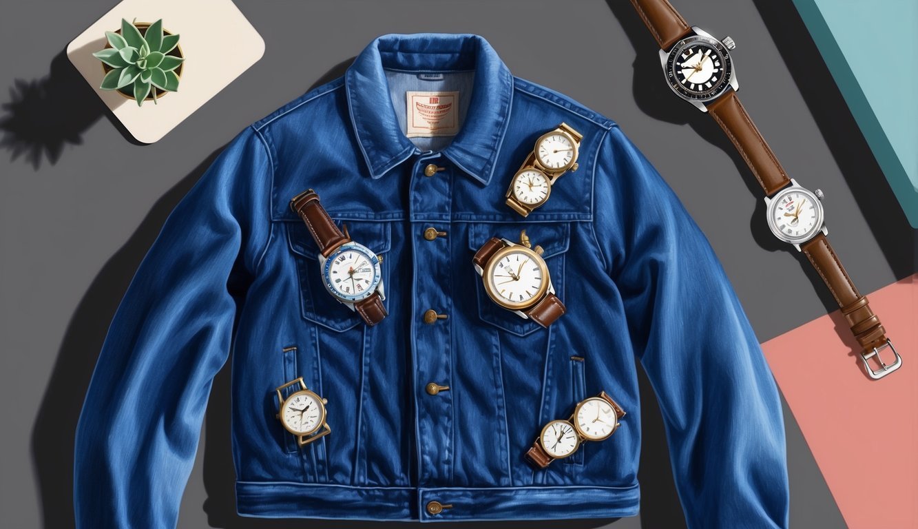 A denim jacket adorned with vintage watches, arranged in a modern setting with retro flair