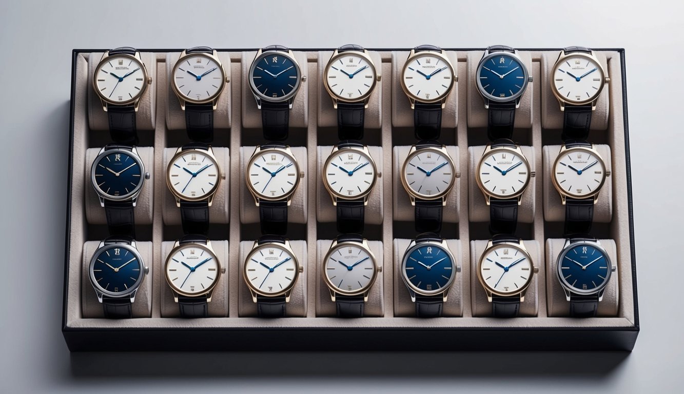 A sleek display of 10 elegant watches arranged on a velvet-lined tray, each exuding timeless sophistication through their design and craftsmanship