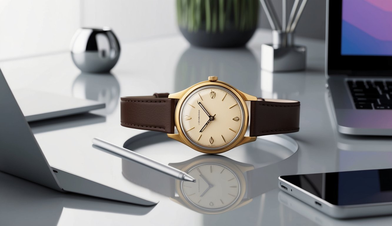 A retro gold watch with a leather strap sits on a sleek modern desk, surrounded by minimalist decor and a contemporary laptop