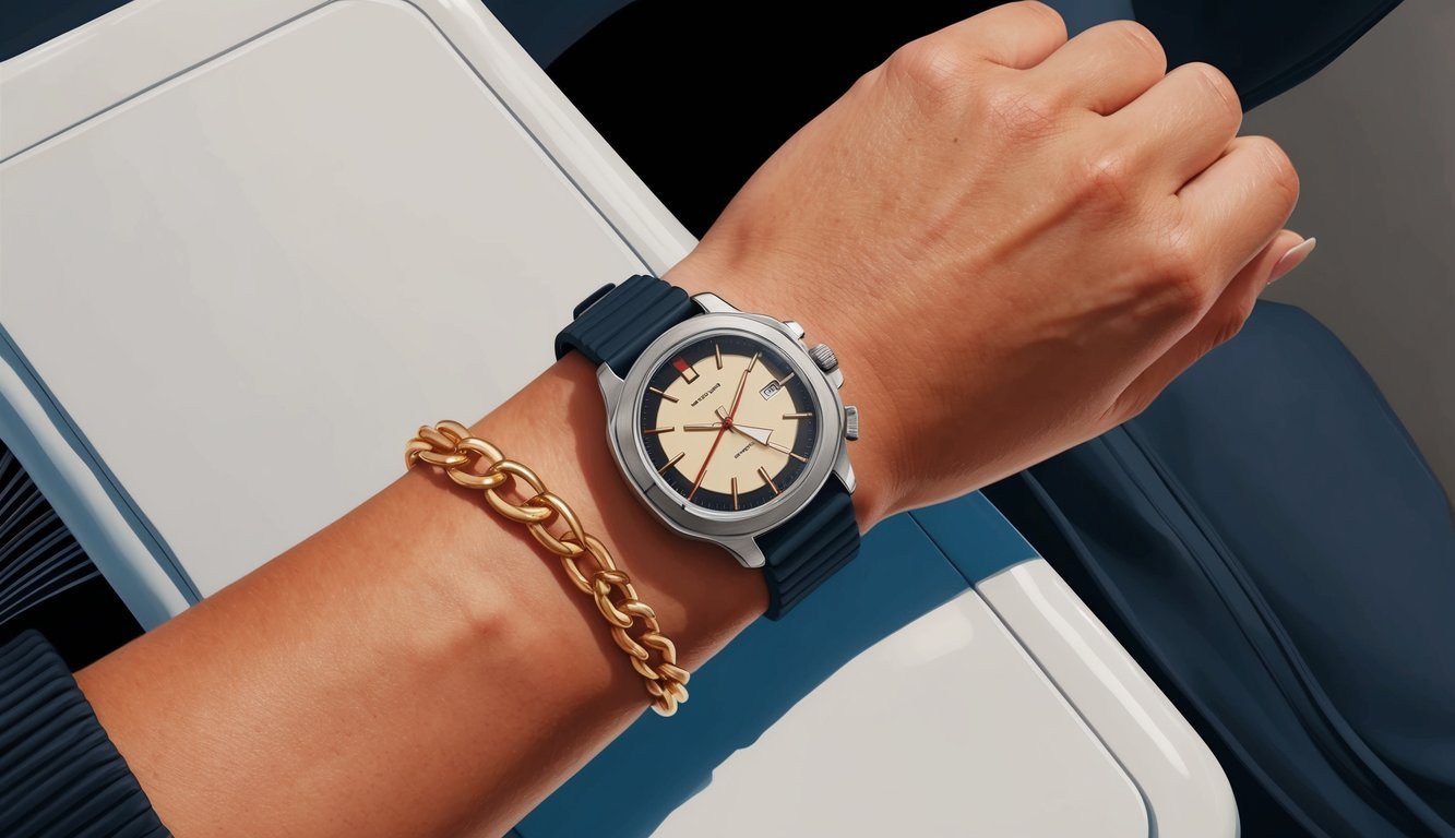 A wrist adorned with a chunky bracelet, sporting a retro watch with a modern outfit