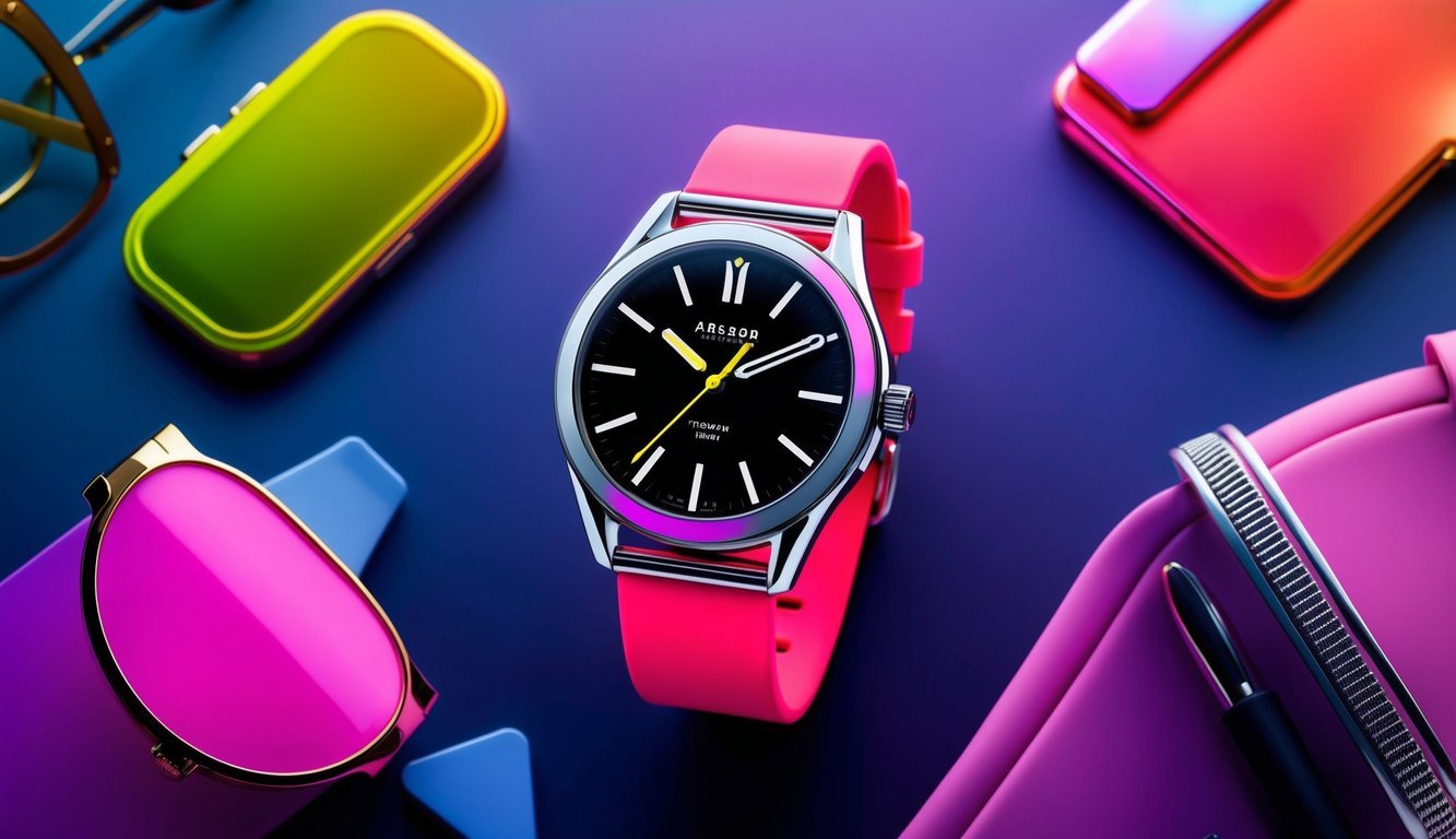 A modern wristwatch with a neon band stands out against a backdrop of retro accessories and modern clothing