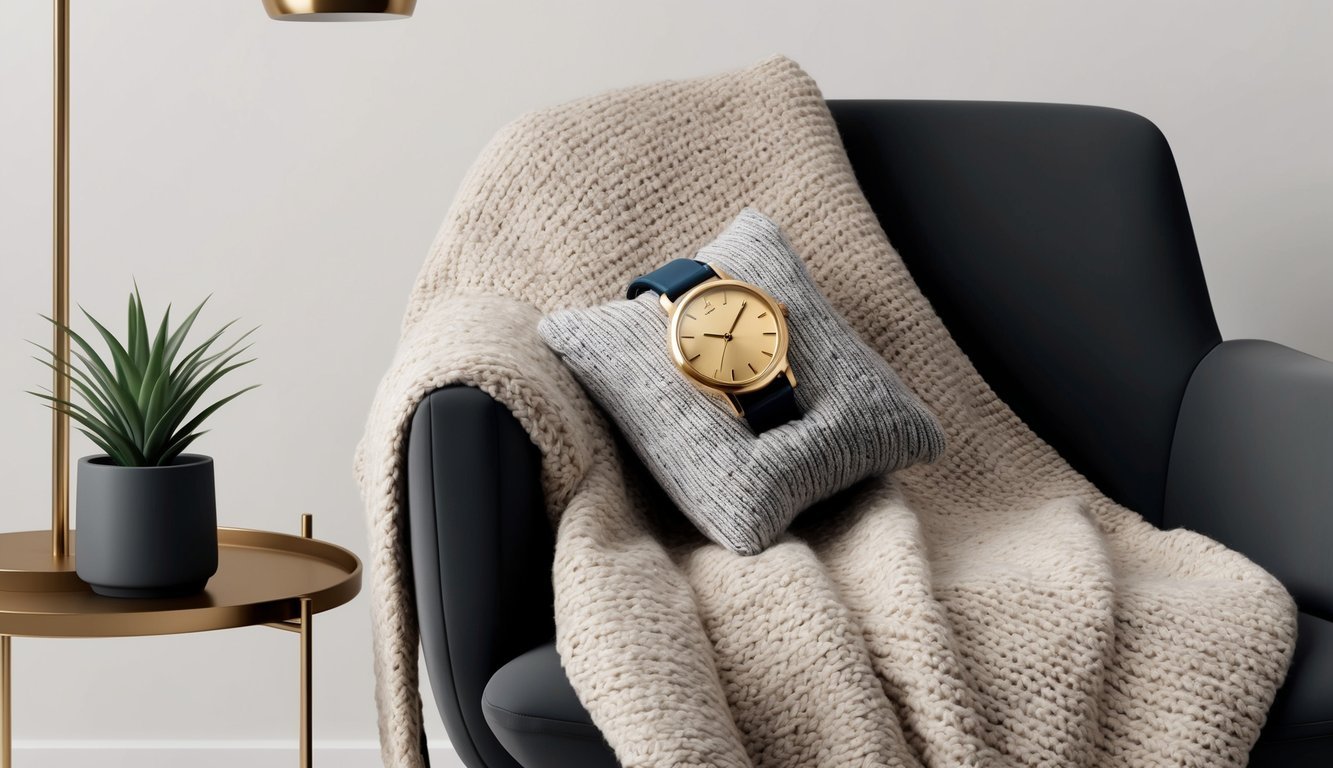 A cozy sweater draped over a chair with a retro gold watch placed on top, surrounded by modern accessories