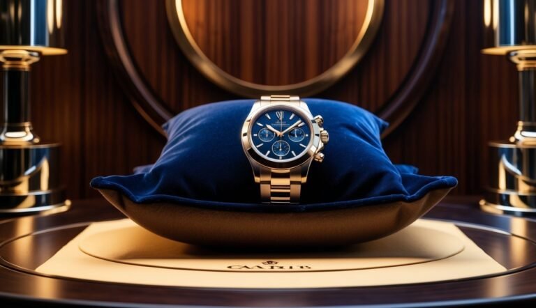 Gold wristwatch with blue face on a blue velvet pillow, luxury setting