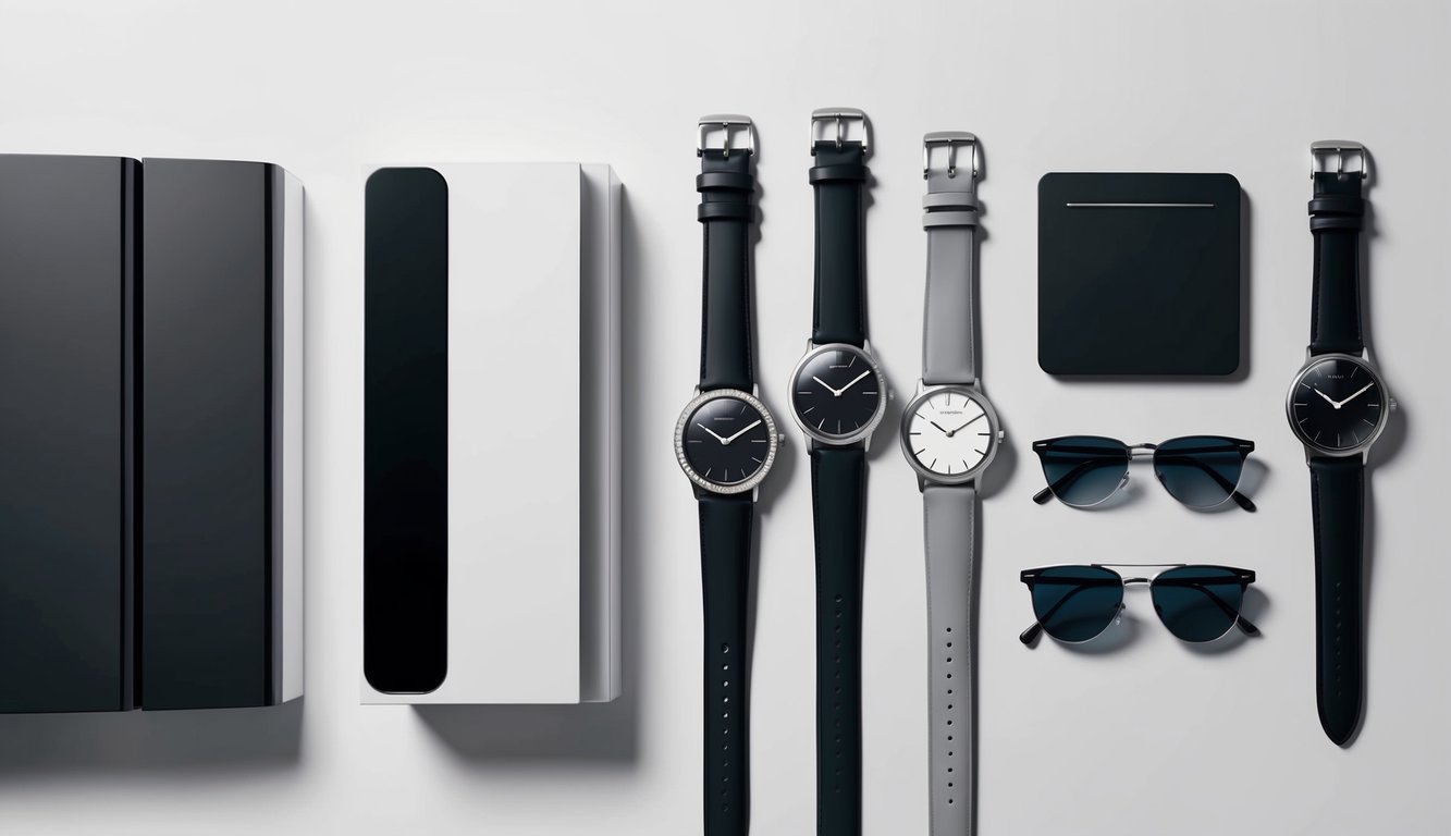 A sleek, modern wardrobe with retro watches and sunglasses arranged on a clean, minimalist surface