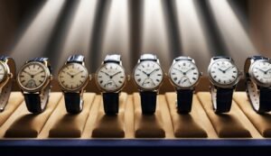 Collection of vintage watches with gold cases and leather straps on display