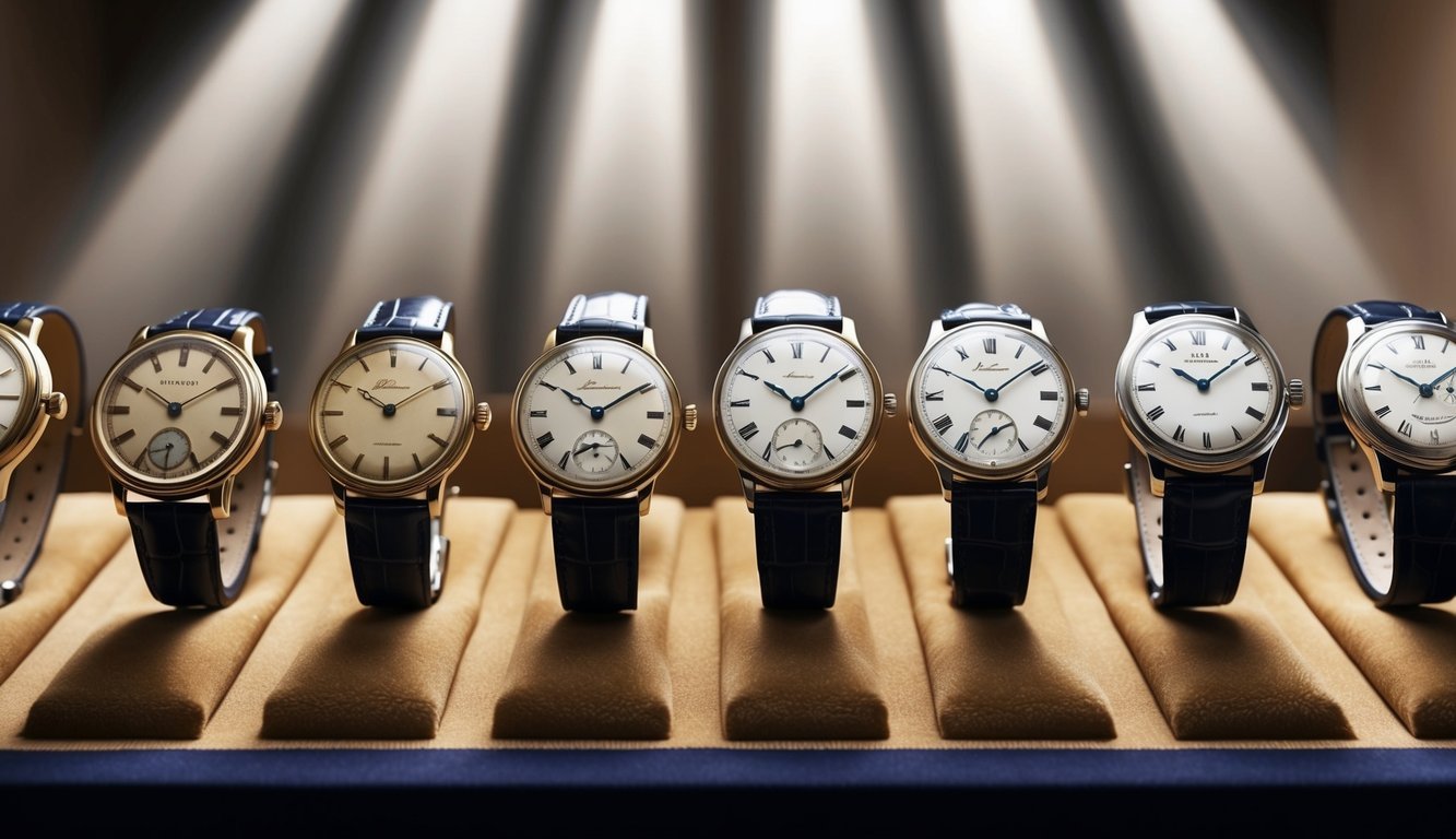 A collection of vintage watches arranged on a velvet-lined display, casting soft glimmers of light on their intricate designs and timeless elegance