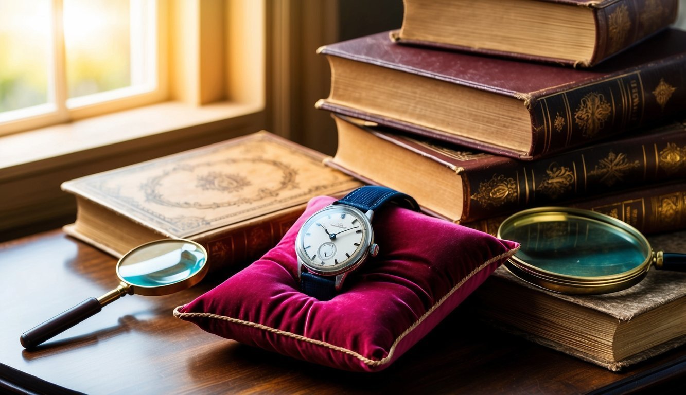 Vintage watch on a velvet pillow, surrounded by books and magnifying glasses