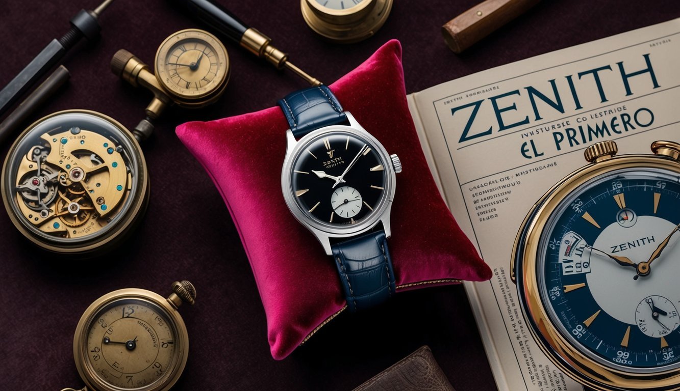A vintage Zenith El Primero watch displayed on a luxurious velvet pillow, surrounded by antique watchmaking tools and a vintage watch magazine