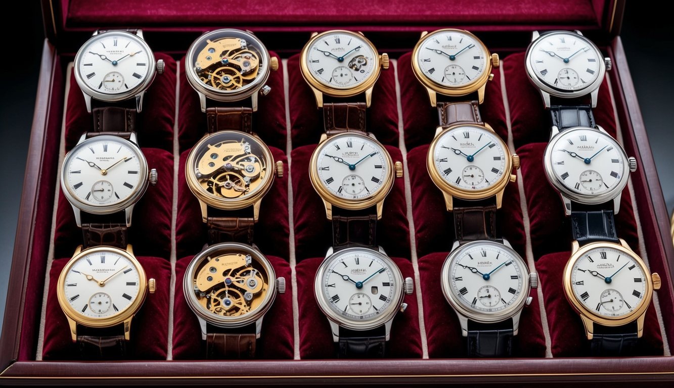 A collection of vintage watches arranged on a velvet-lined display case, each with intricate and exposed movements showcasing the craftsmanship of yesteryears