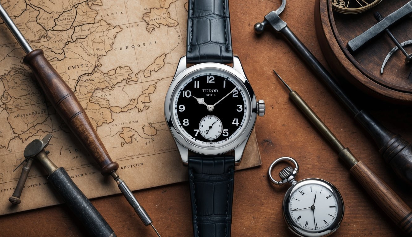 A vintage Tudor Black Bay watch displayed on a rustic wooden table, surrounded by antique watchmaking tools and a faded map of old watchmaking regions