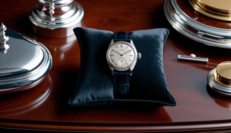 Vintage wristwatch on a dark blue pillow, surrounded by silver and gold objects