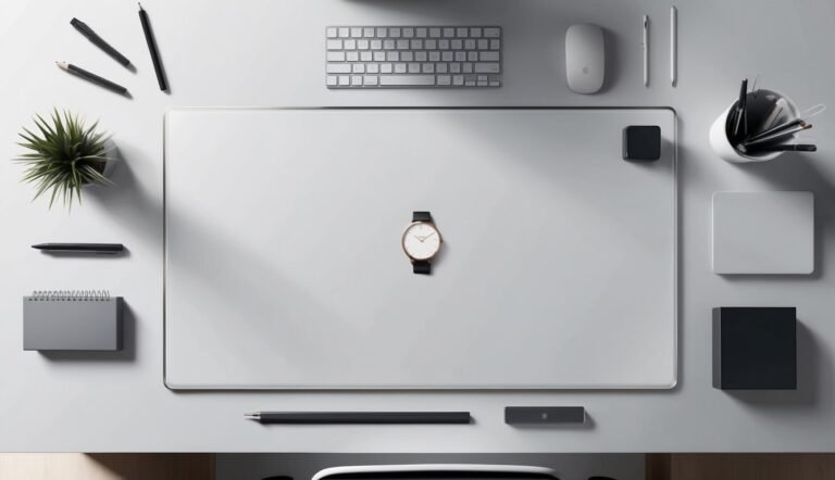 Minimalist desk setup with watch, keyboard, mouse, and office supplies