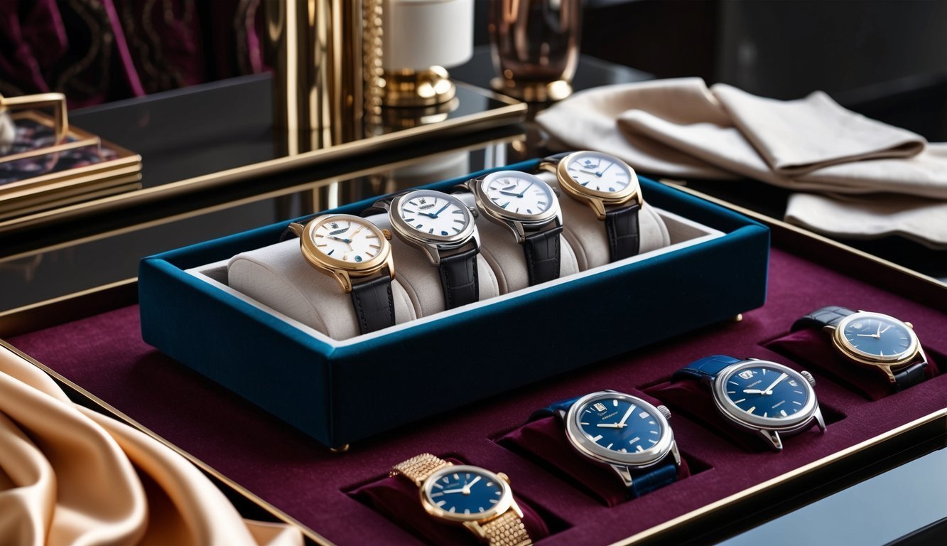 Luxury watches displayed in a velvet-lined tray, showcasing different styles and colors