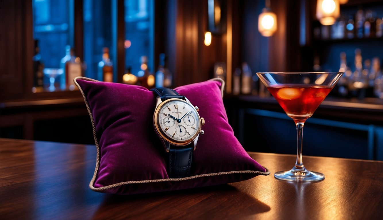 A stylish vintage-inspired watch displayed on a velvet cushion in a dimly lit cocktail bar
