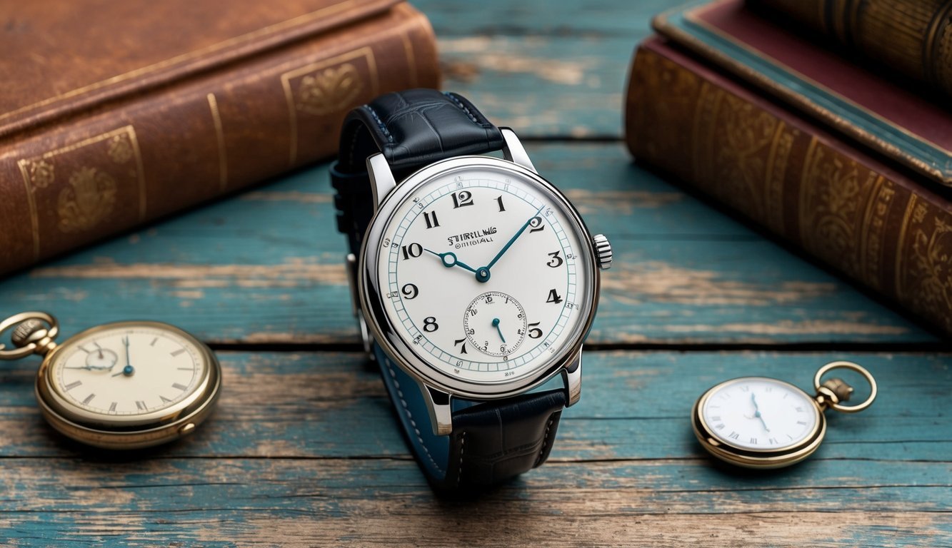 A vintage-inspired Stührling Original watch displayed on a weathered wooden table with antique books and a pocket watch