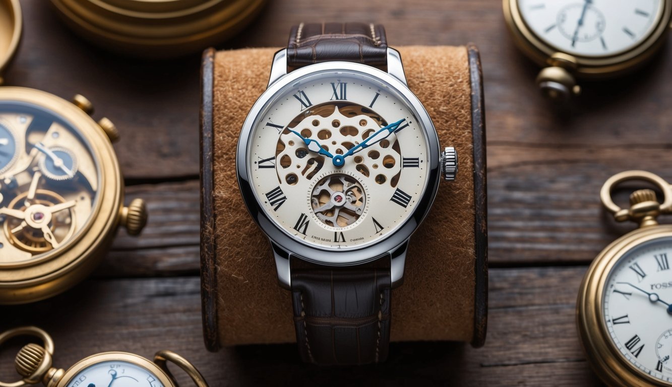 A vintage-inspired watch with a Fossil Everett Skeleton design displayed on a rustic wooden surface surrounded by antique timepieces