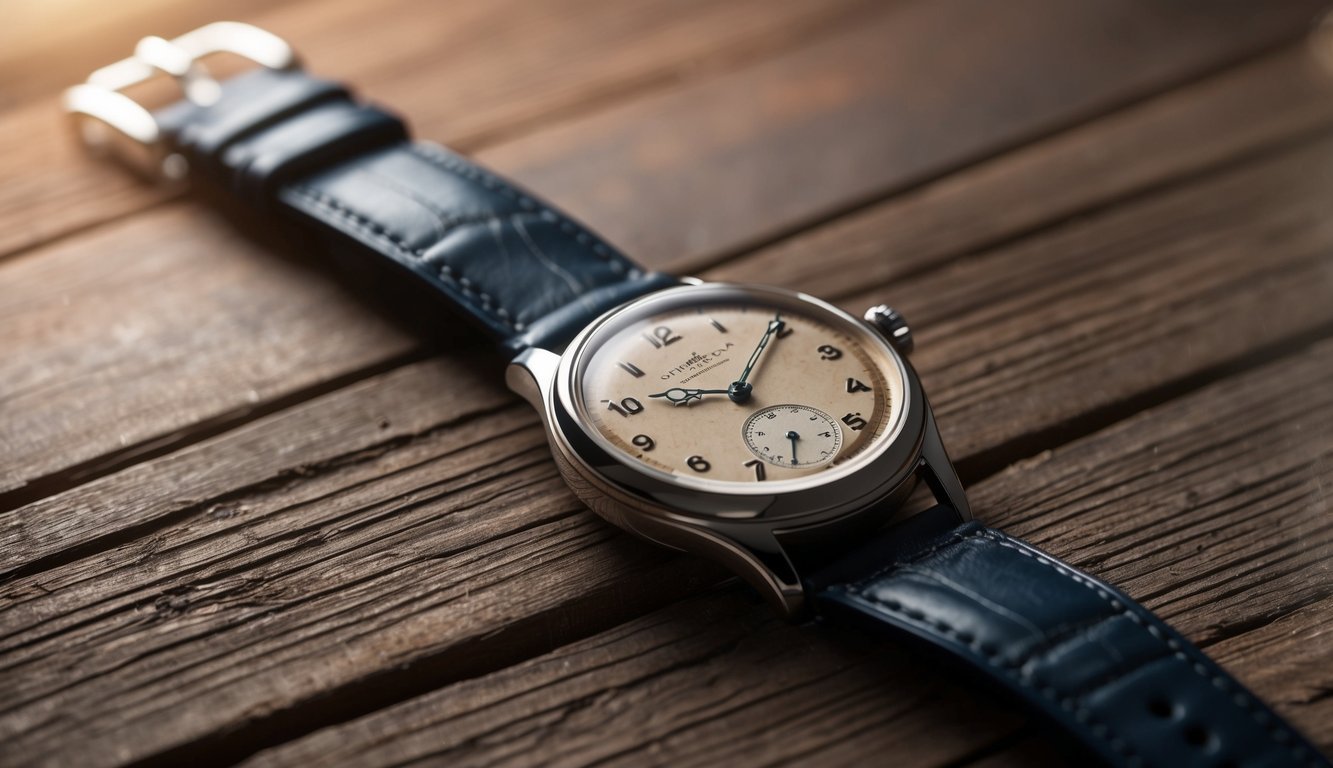 A vintage-inspired watch resting on a rustic wooden surface with soft natural lighting