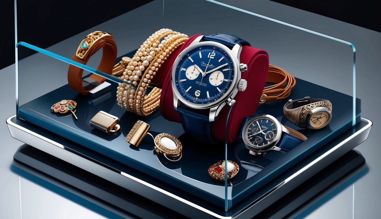 A stylish wristwatch surrounded by vintage-inspired fashion accessories on a sleek display