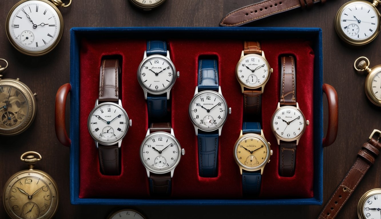 A collection of vintage-inspired watches displayed on a velvet-lined tray, surrounded by antique pocket watches and leather watch straps