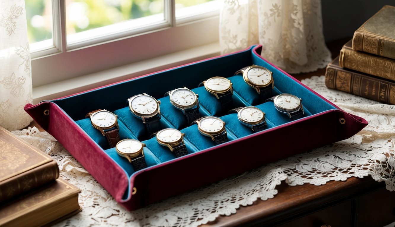 A collection of vintage watches displayed on a velvet-lined tray, surrounded by antique books and delicate lace, with soft sunlight streaming through a nearby window