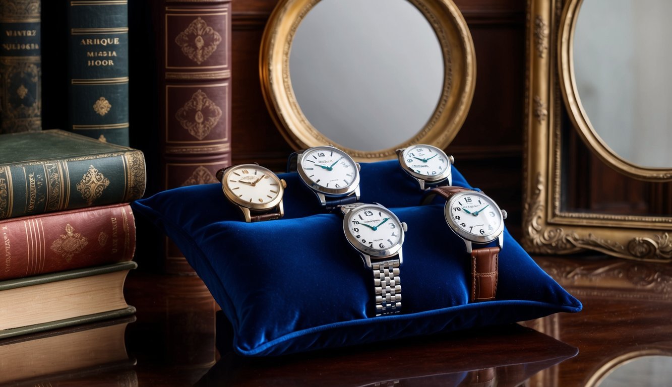 A collection of vintage-inspired watches displayed on a velvet cushion against a backdrop of antique books and a vintage mirror