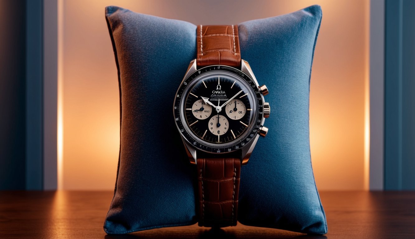 A vintage-inspired Omega Speedmaster '57 watch displayed on a velvet cushion with warm, soft lighting highlighting its retro charm