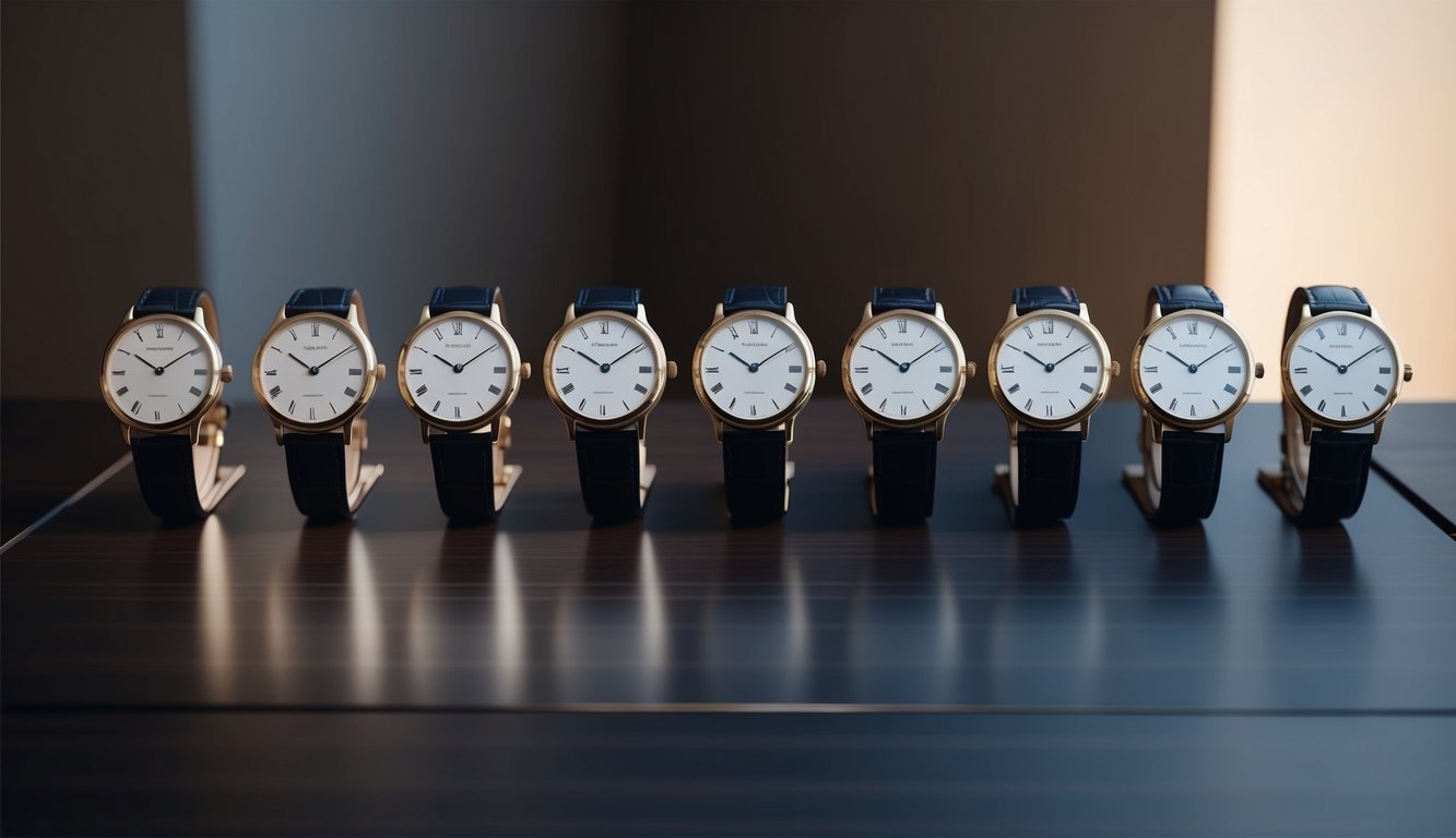 A row of 8 classic watches arranged on a sleek, dark wood surface with soft, natural lighting highlighting their elegant design