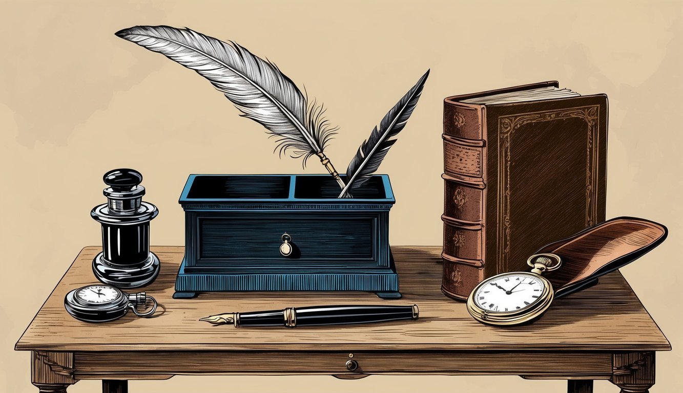 A vintage writing desk with a quill pen and inkwell, alongside a pocket watch and a leather-bound book